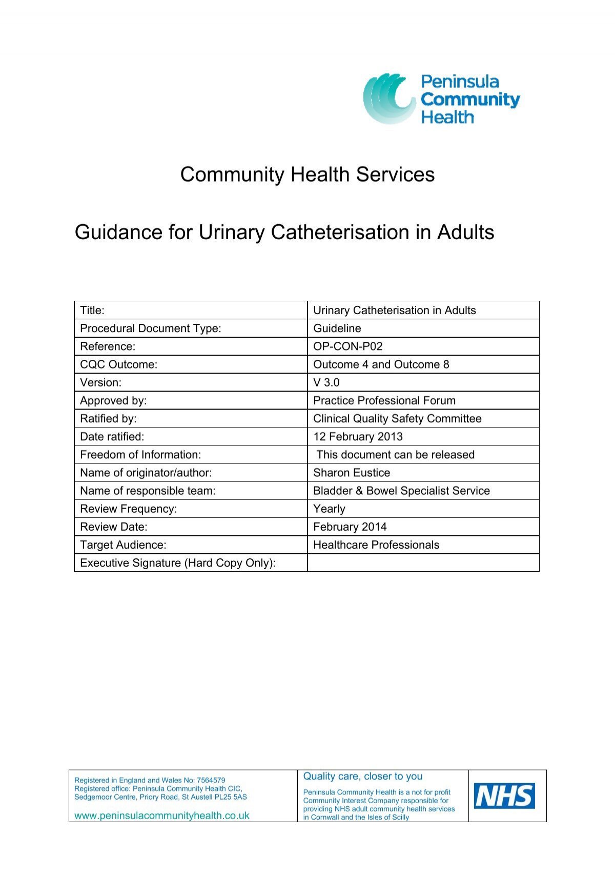 Catheterisation in Adults - the Royal Cornwall Hospitals Trust