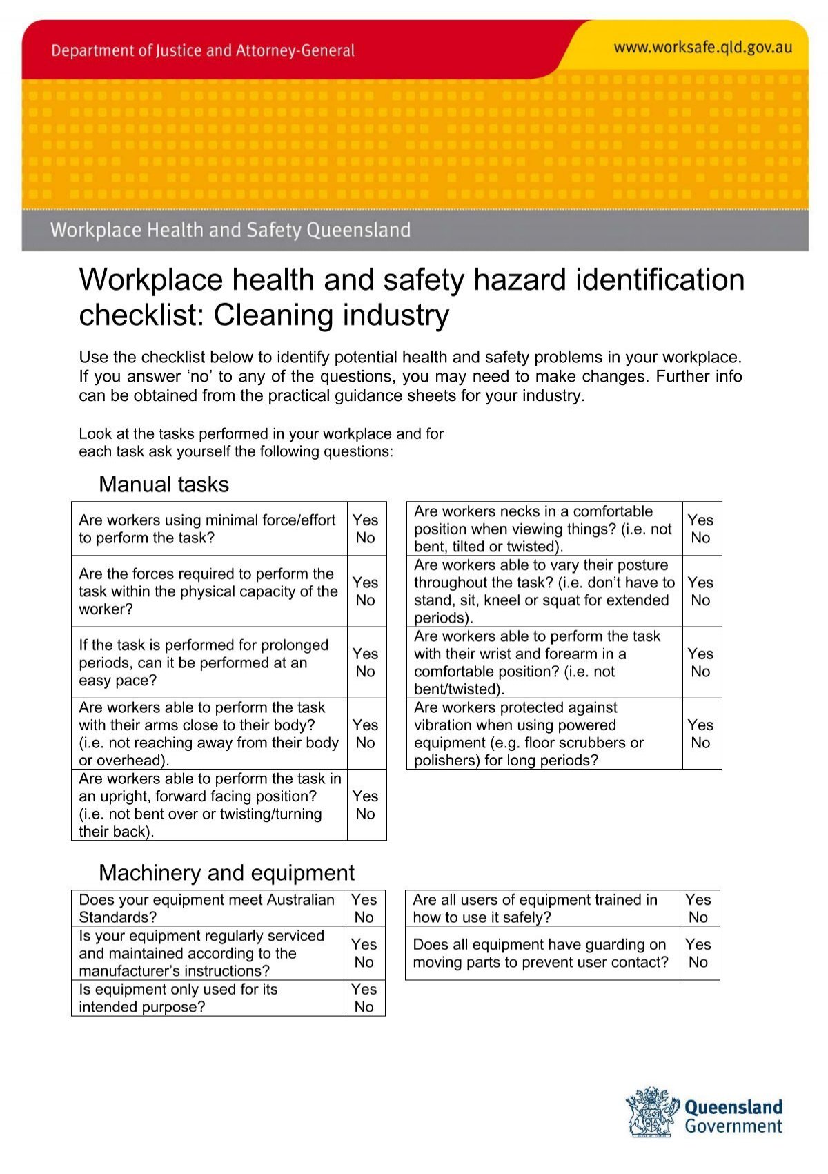 Workplace Health And Safety Hazard Identification Checklist