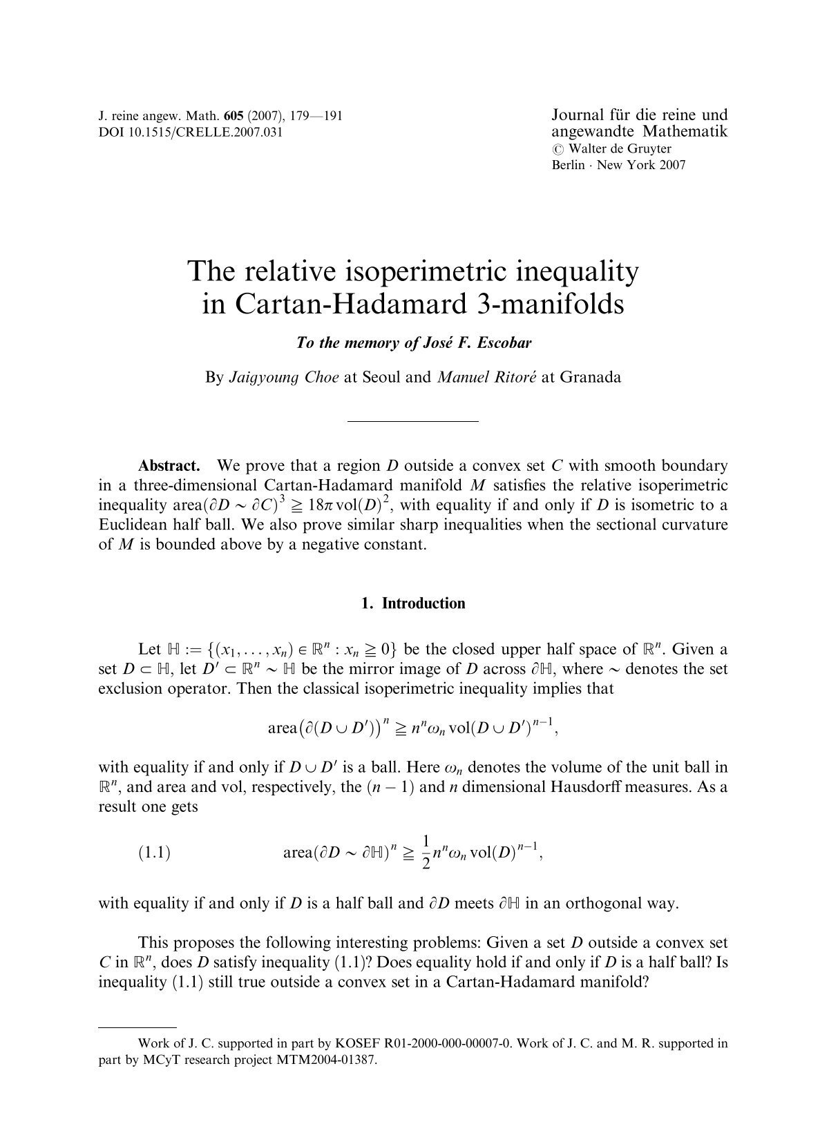 The Relative Isoperimetric Inequality In Cartan Hadamard 3 Kias