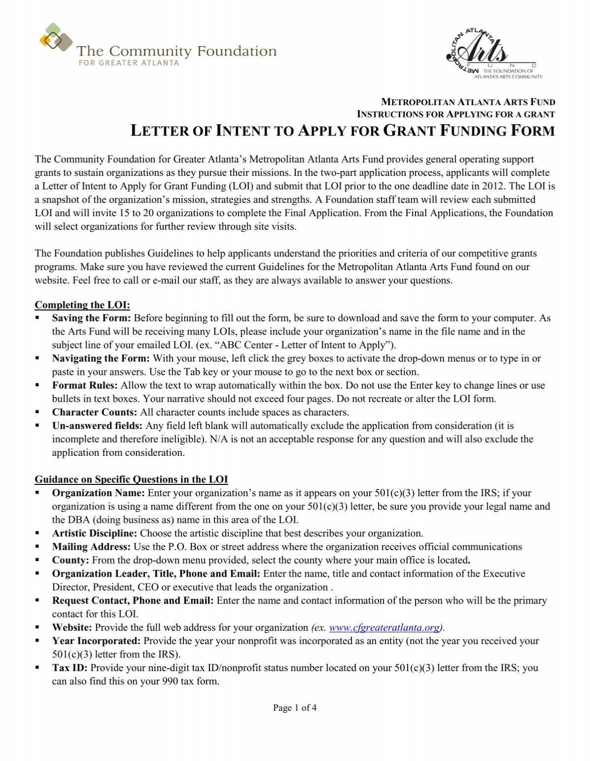 letter of intent to apply for grant funding form - The ...