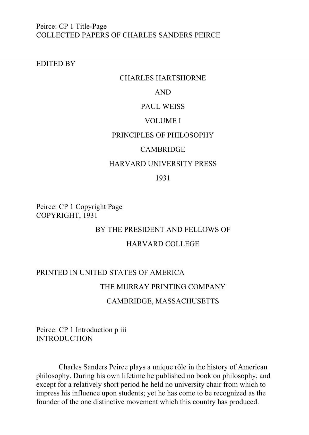 Peirce: CP 1 Title-Page COLLECTED PAPERS OF CHARLES