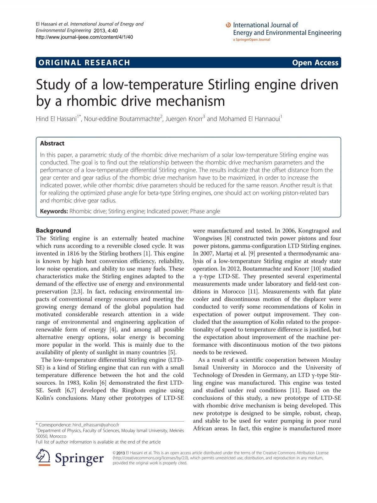 Study Of A Low Temperature Stirling Engine Driven By A Rhombic Drive