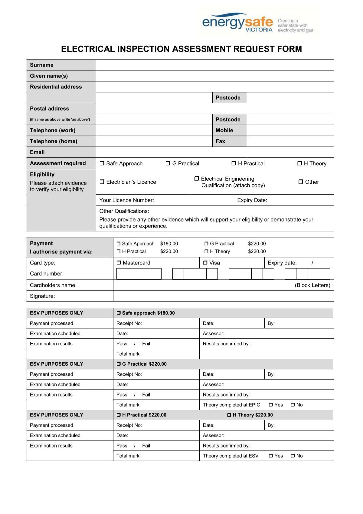 Electrical Inspection Assessment Request Form - Energy Safe Victoria