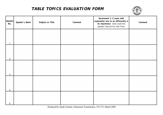 scheme Idol thousand Table Topics Evaluation Form - Toastmasters NZ