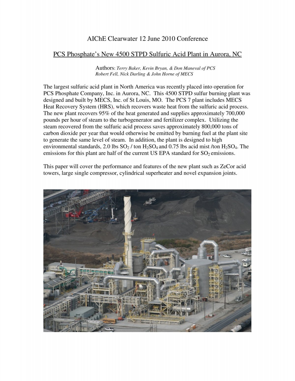 Pcs Phosphate S New 4500 Stpd Sulfuric Acid Plant In Aurora Nc