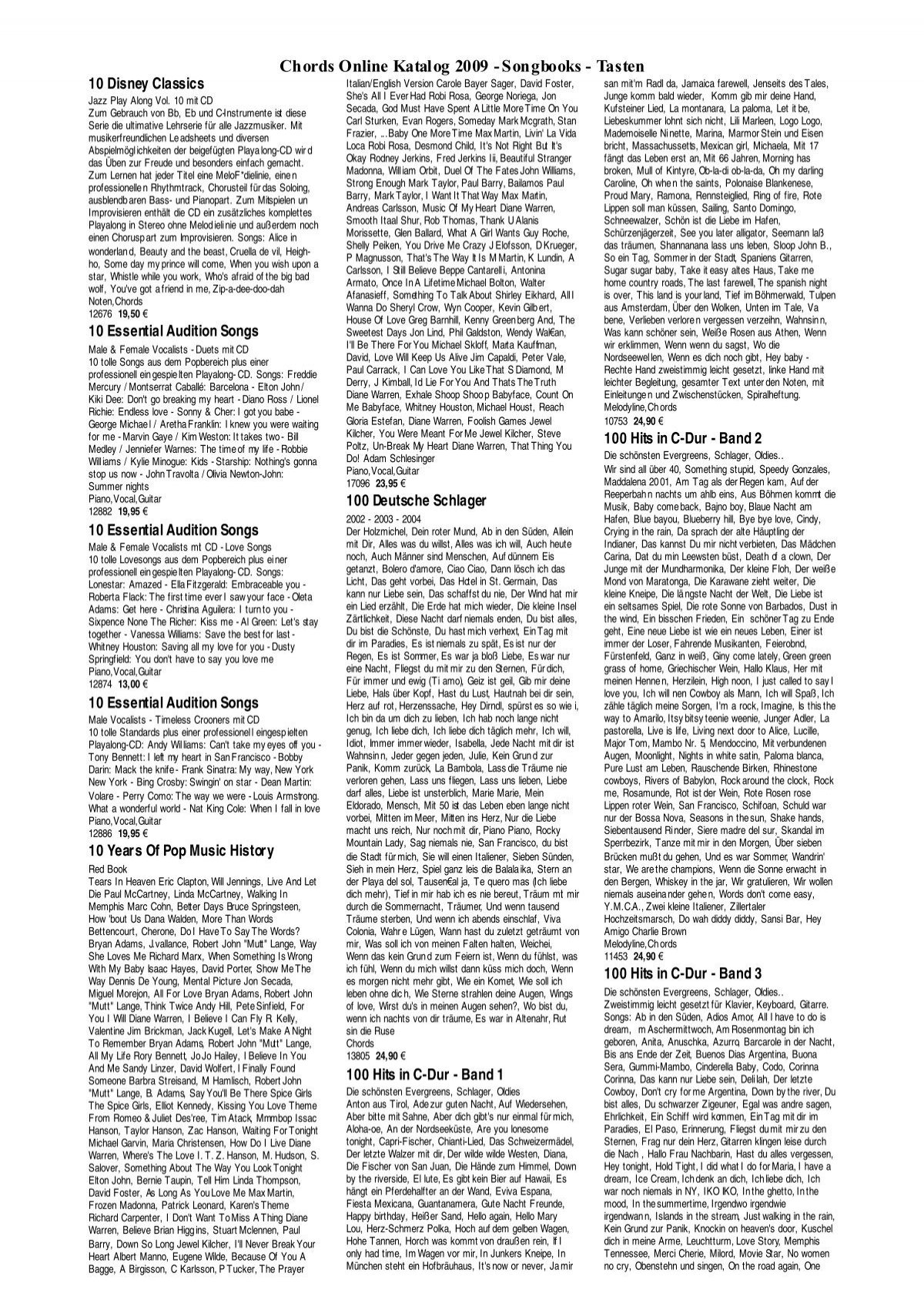 Vento Dolce Di Natale Karaoke.Chords Online Katalog 2009 Songbooks Tasten