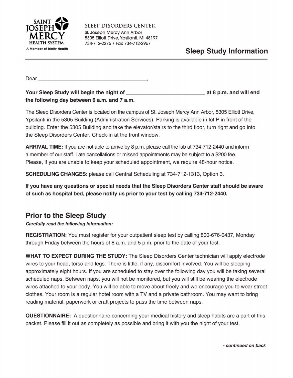 Sleep Study Information Saint Joseph Mercy Health System