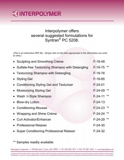 Interpolymer offers several suggested formulations for Syntran PC 5208
