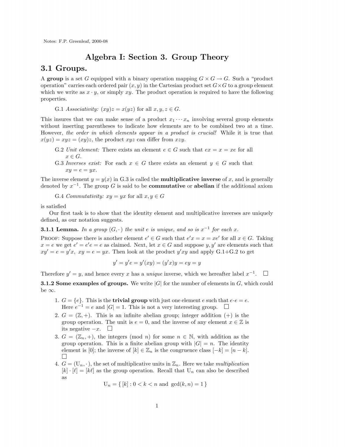 Algebra I Section 3 Group Theory 3 1 Groups