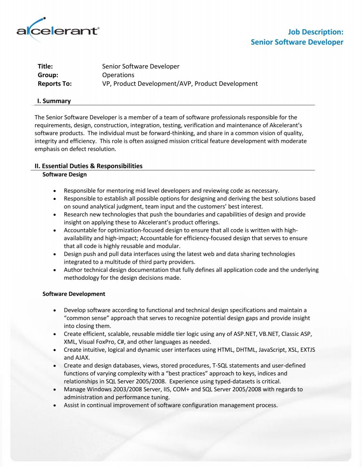 Job Description: Senior Software Developer - Akcelerant