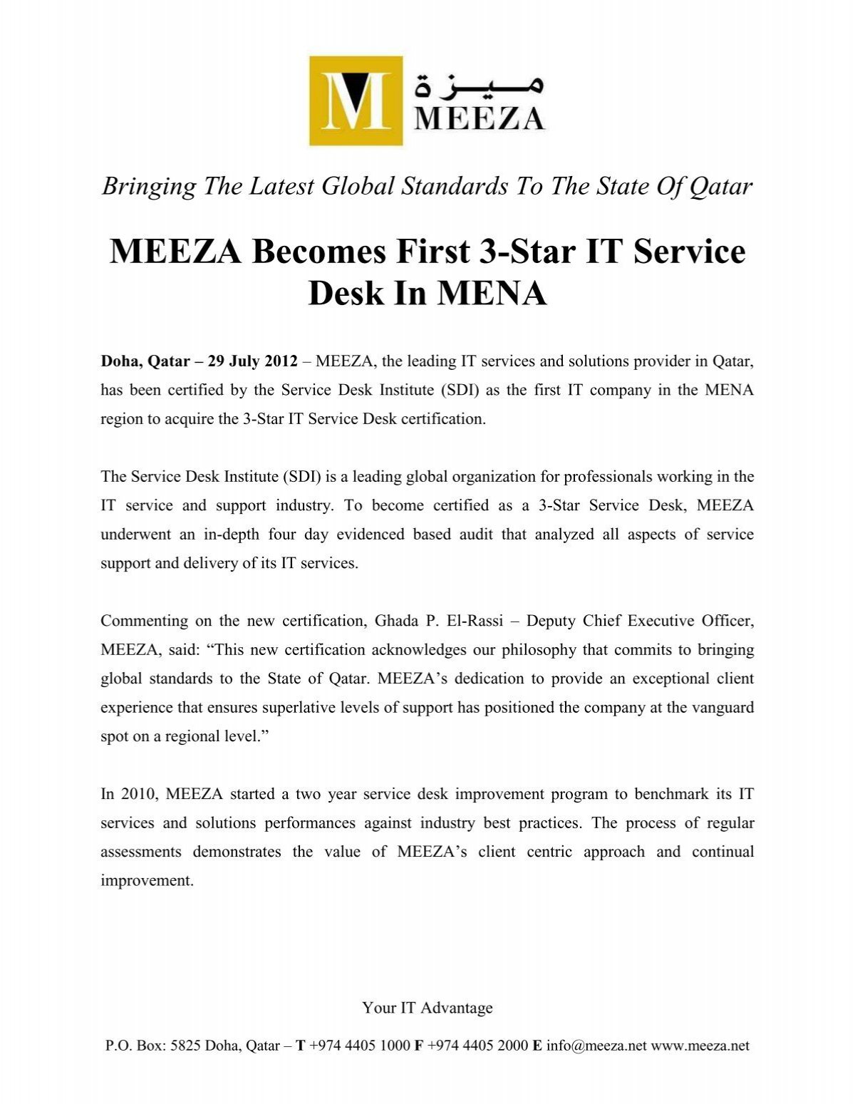Meeza Becomes First 3 Star It Service Desk In Mena
