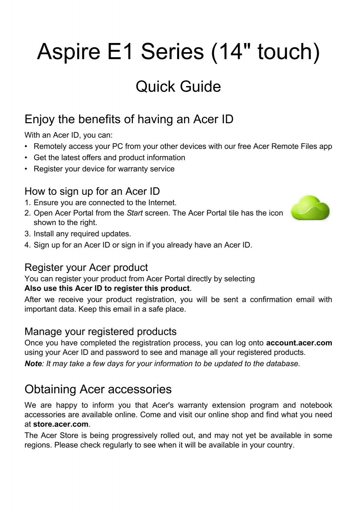 Acer Aspire E1 432p Quick Start Guide