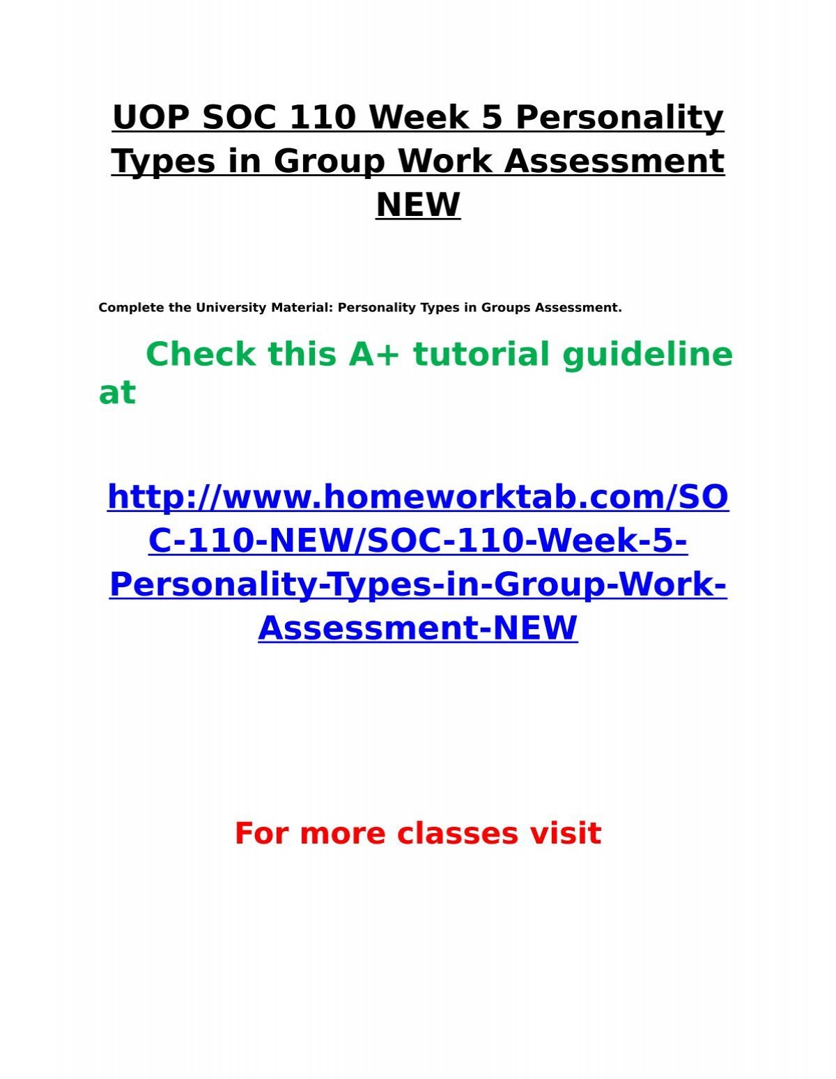 Uop Soc 110 Week 5 Personality Types In Group Work Assessment New