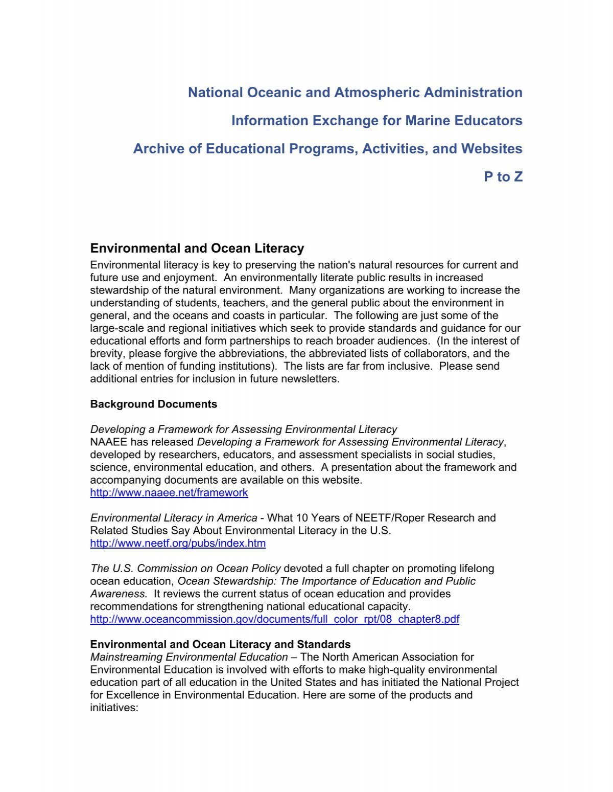 Information Exchange for Marine Educators - Archive of Programs P-Z