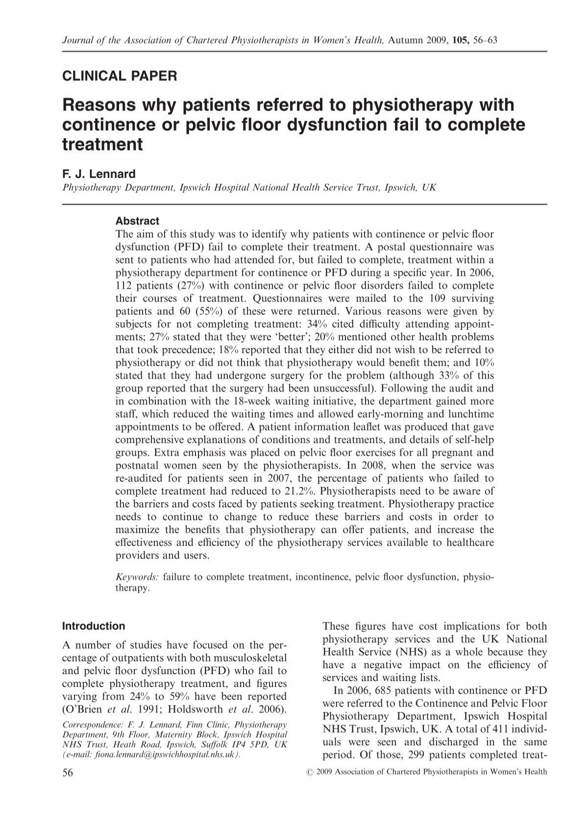 Reasons Why Patients Referred To Physiotherapy With Continence Or