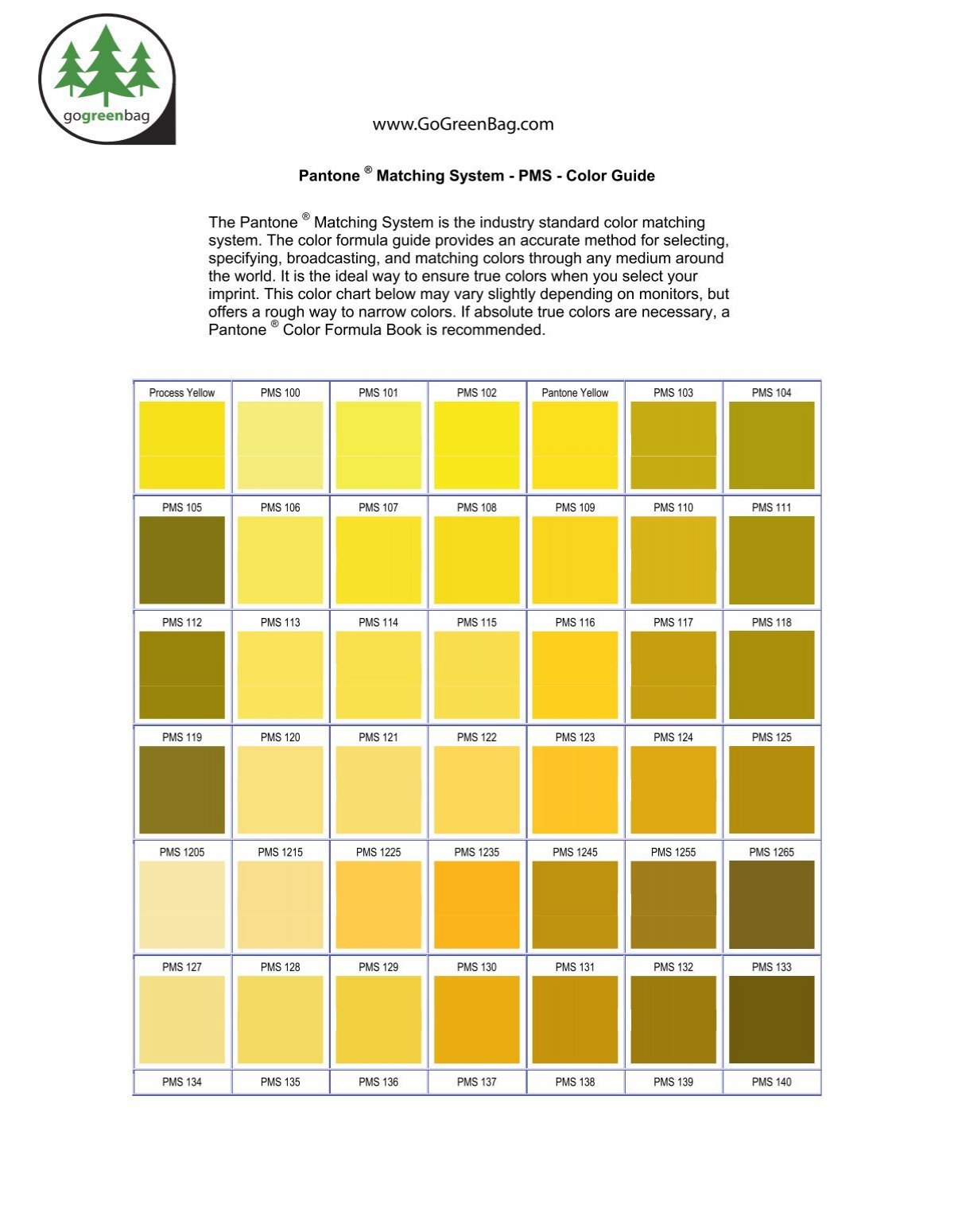 PMS - Pantone Matching System Color Chart - Go Green Bag