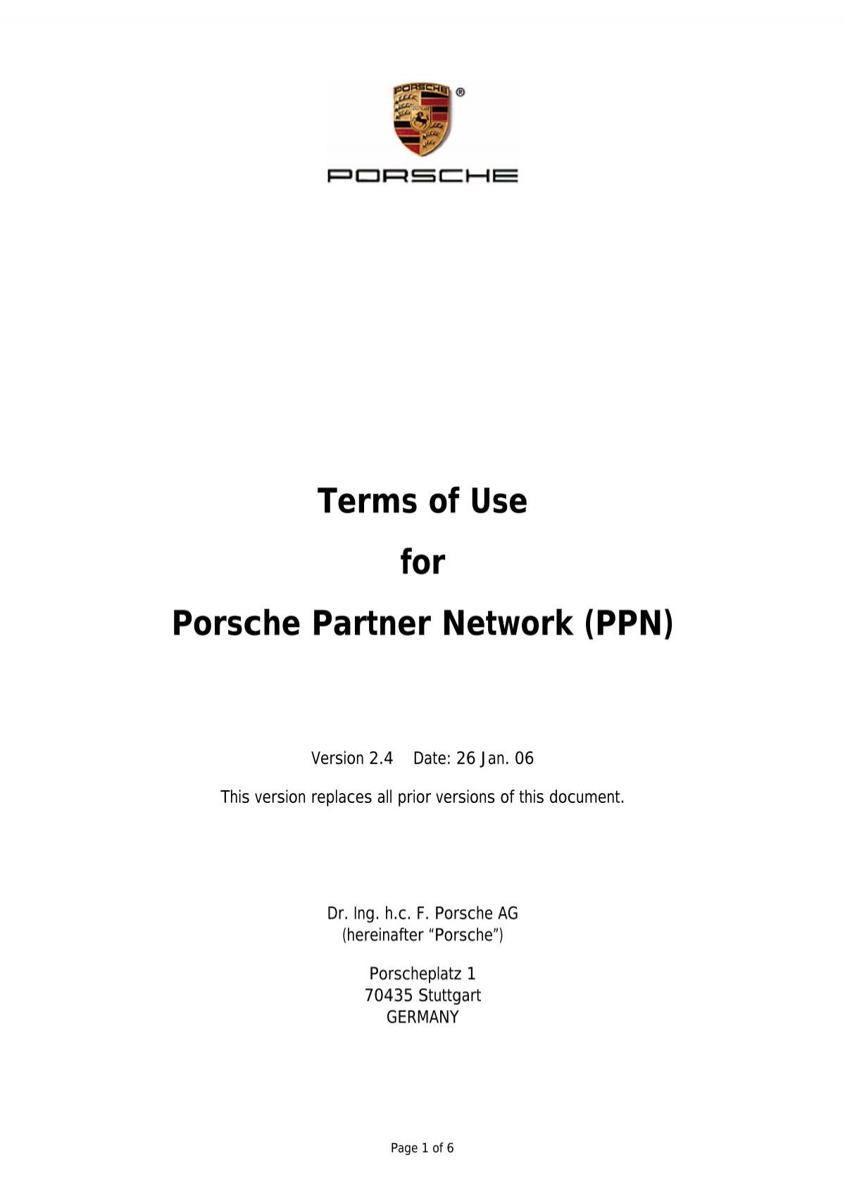 Terms Of Use For Porsche Partner Network PPN 