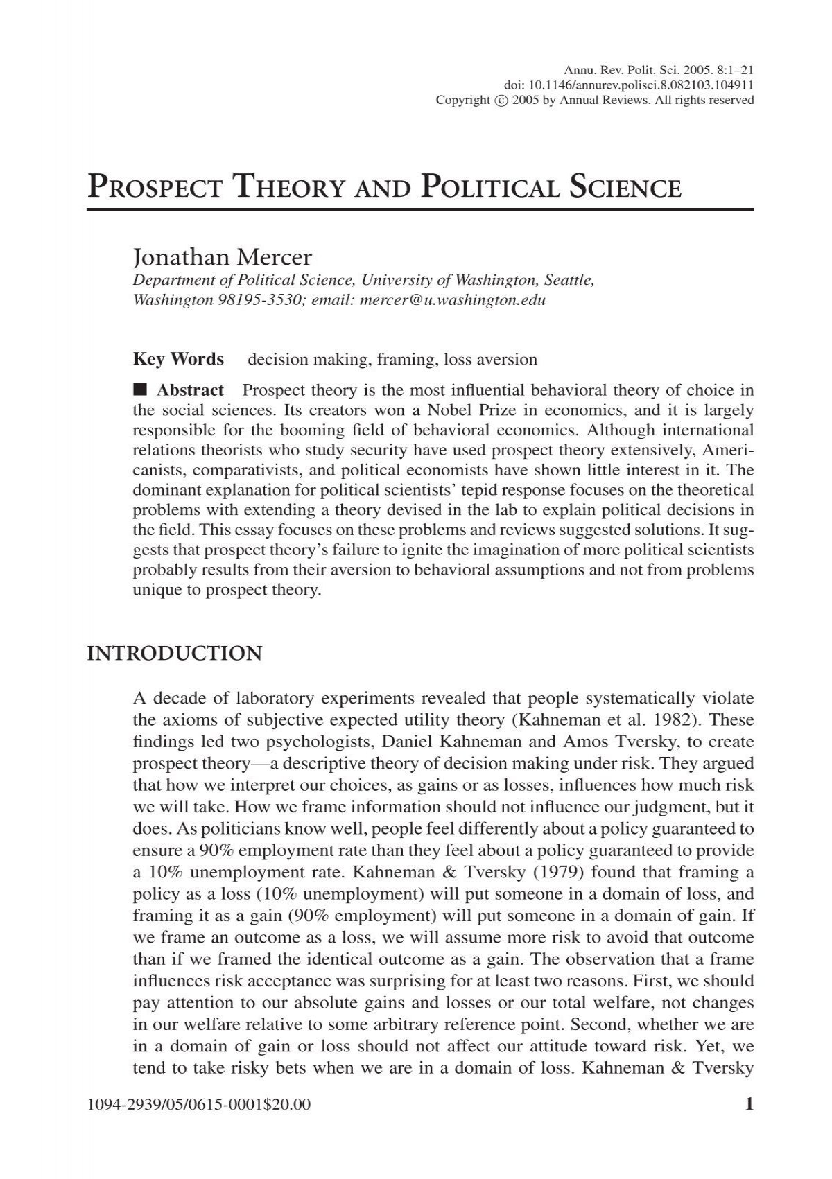 Prospect Theory And Political Science Jonathan Mercer