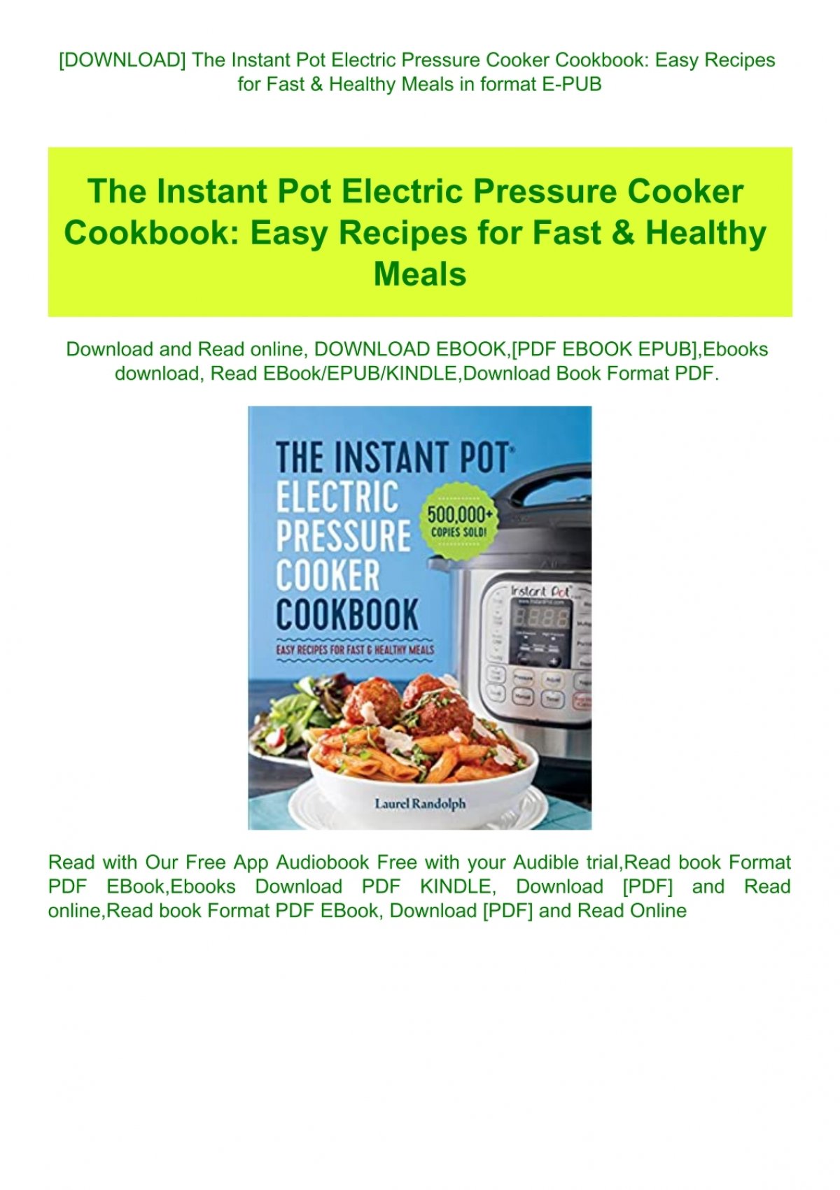 Instant Pot Electric Pressure Cooker Cookbook Easy Recipes For Fast Healthy Meals Download Free Ebook