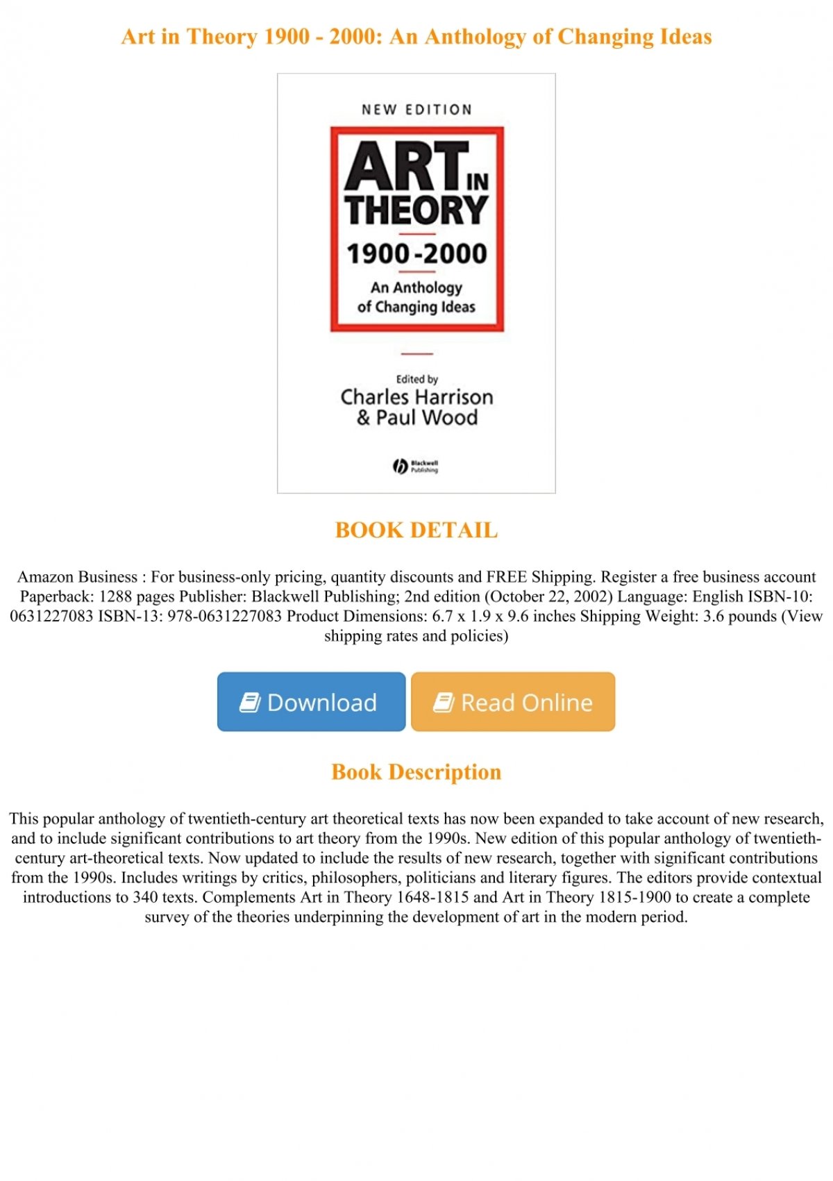 Art In Theory 1900 2000 An Anthology Of Changing Ideas Download Free Ebook