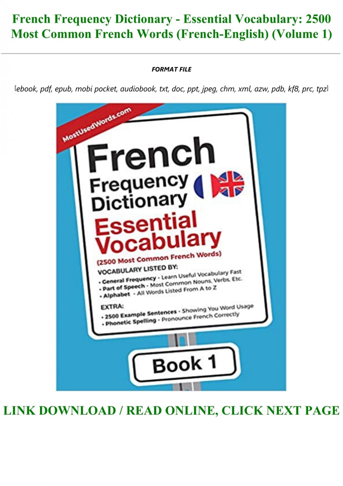 Pdf Epub French Frequency Dictionary Essential Vocabulary 2500 Most Common French Words French English Volume 1 Full Books