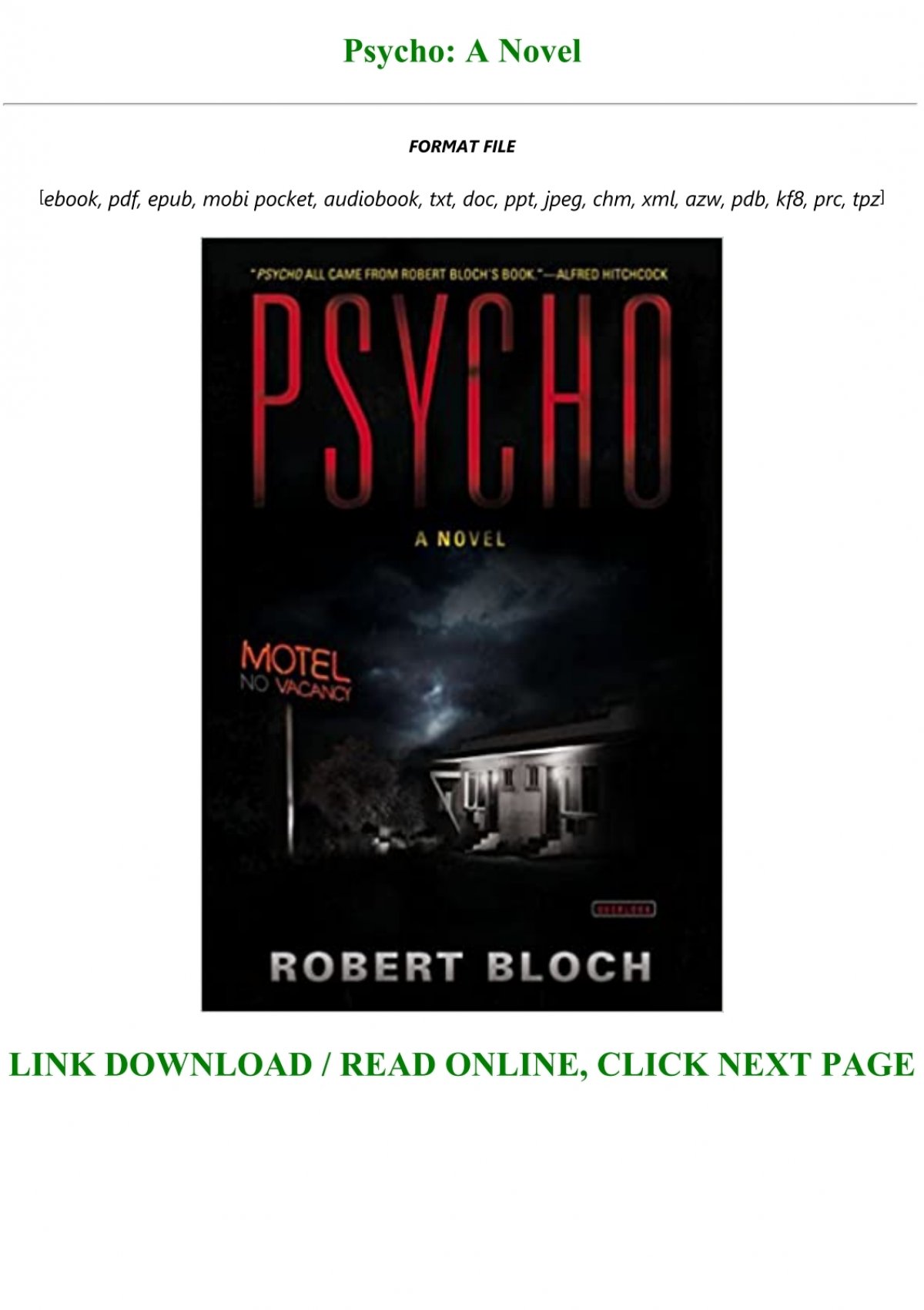 Ebook Reading Psycho A Novel Full Pdf