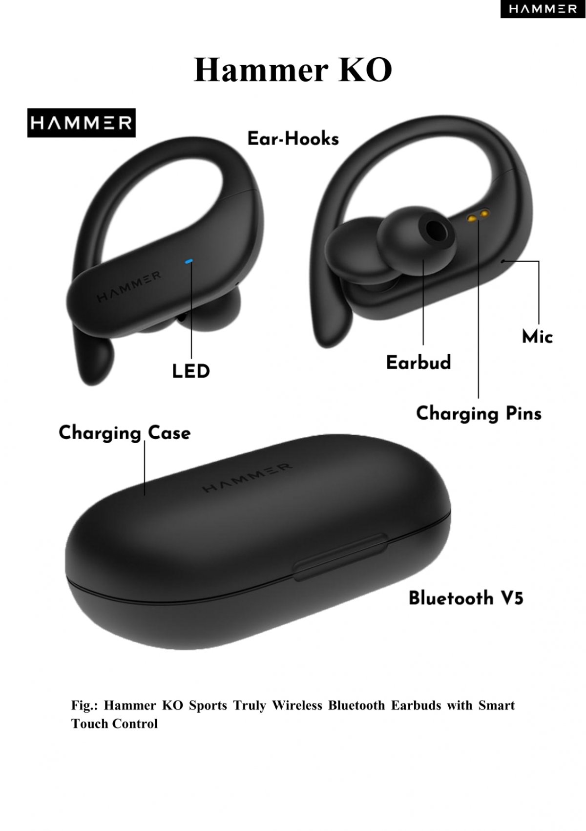 Hammer KO Mini Bluetooth Earbuds with Touch Controls (Black)