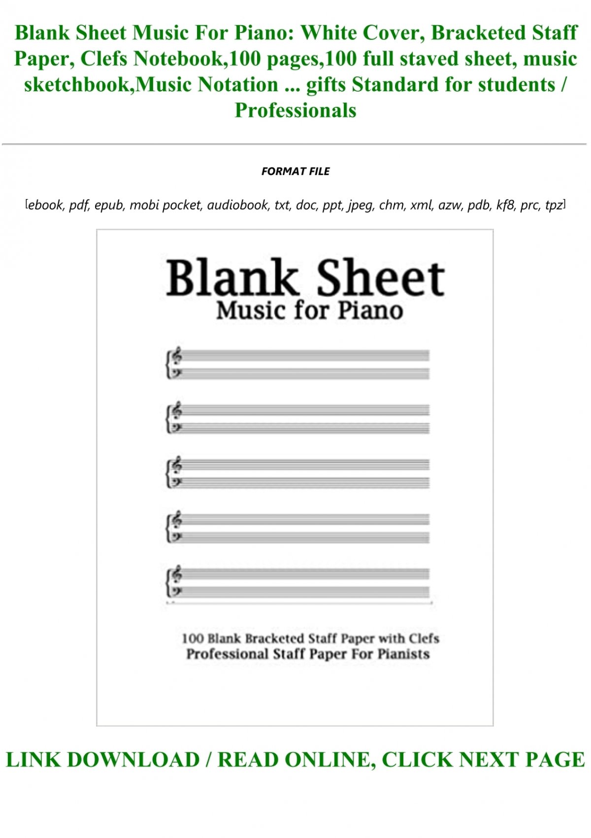Pdf Download Blank Sheet Music For Piano White Cover Bracketed Staff Paper Clefs Notebook 100 Pages 100 Full Staved Sheet Music Sketchbook Music Notation Gifts Standard For Students Professionals Full Books