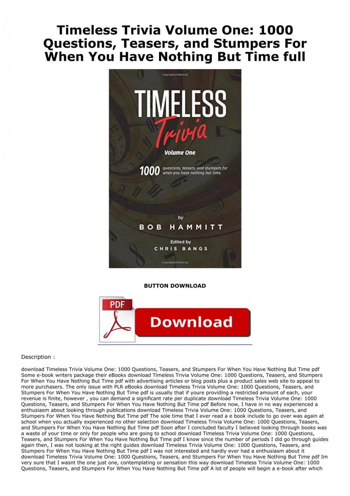Lt Pdf Gt Timeless Trivia Volume One 1000 Questions Teasers And Stumpers For When You Have Nothing But Time Full