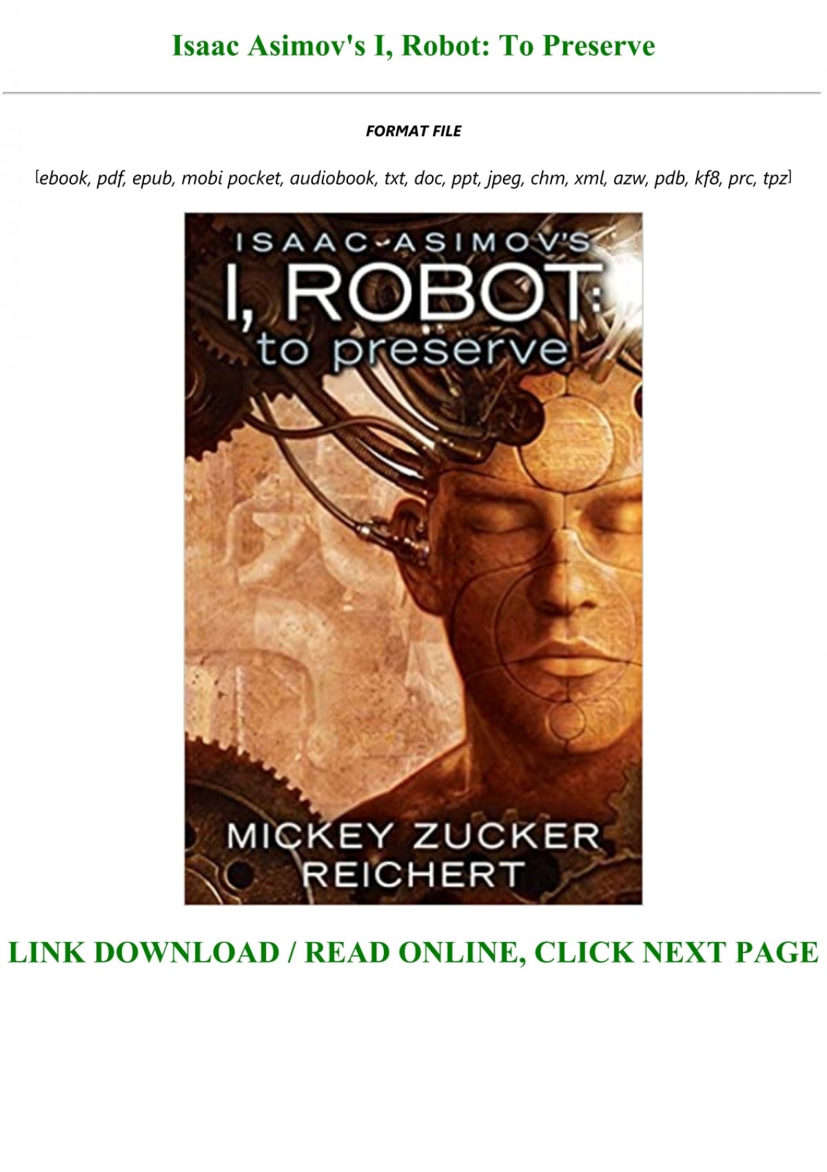 skandaløse Hæderlig videnskabsmand Read [PDF] Isaac Asimov's I, Robot: To Preserve Full PDF