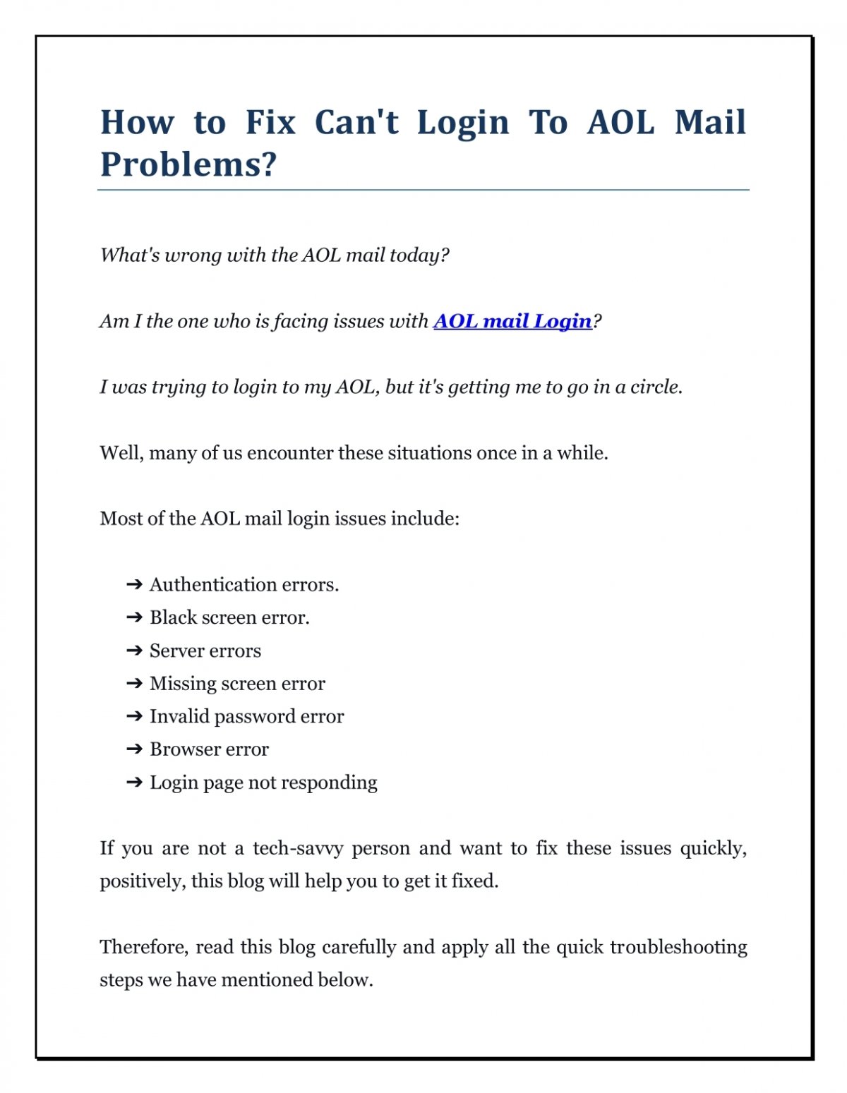 How To Fix Cant Login To Aol Mail Problems
