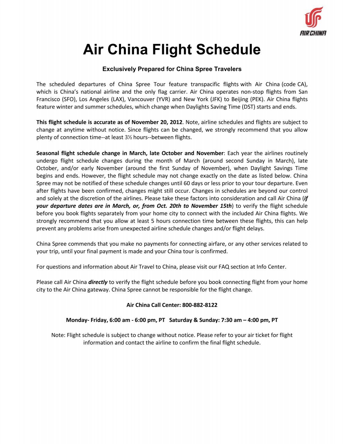 Air China Flight Schedule