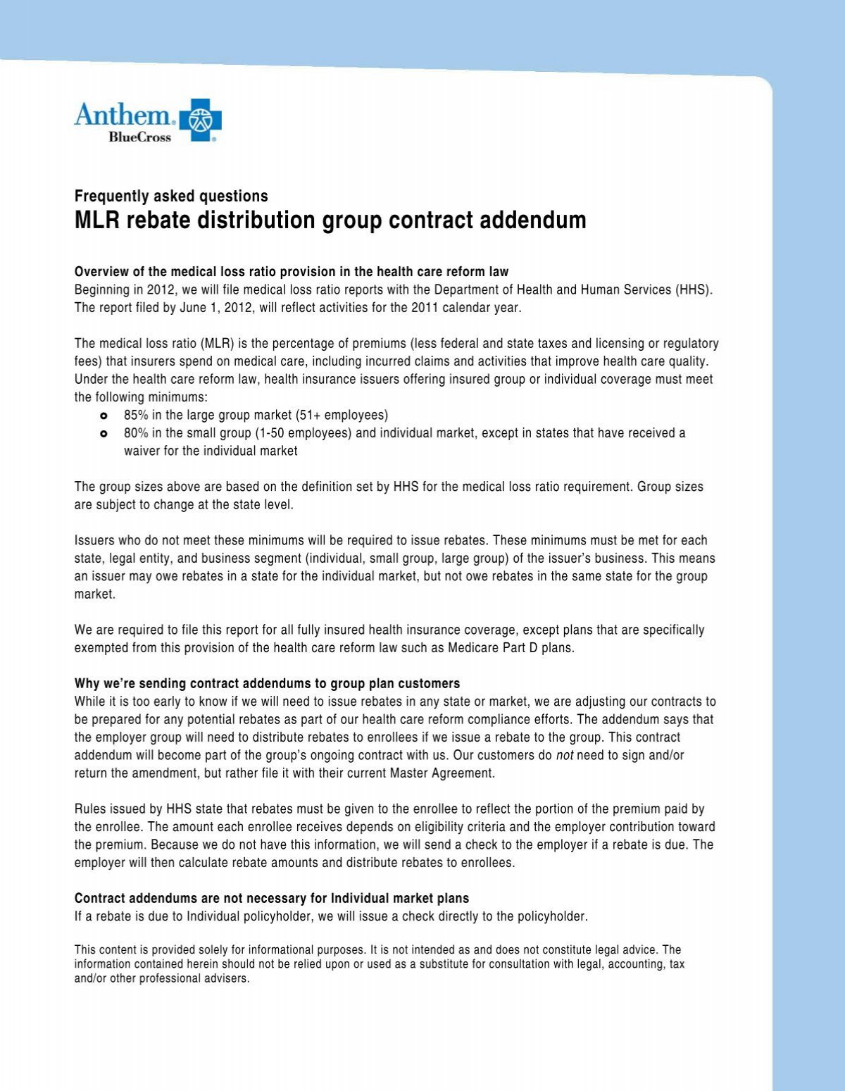 MLR Rebate Distribution Group Contract Addendum Health Benefits 