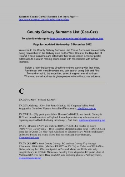County Surname List (Caa-Czz) RootsWeb Ancestry.com