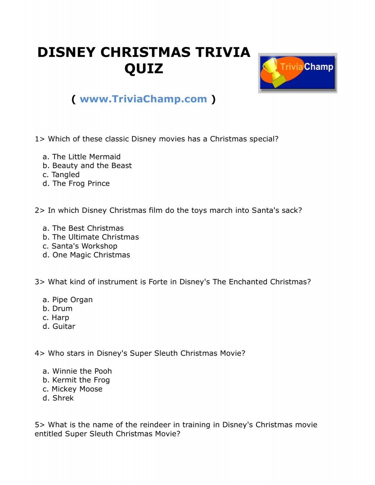 Disney Christmas Trivia Quiz Trivia Champ