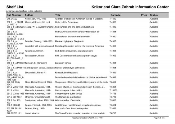 Shelf List Krikor and Clara Zohrab Information Center