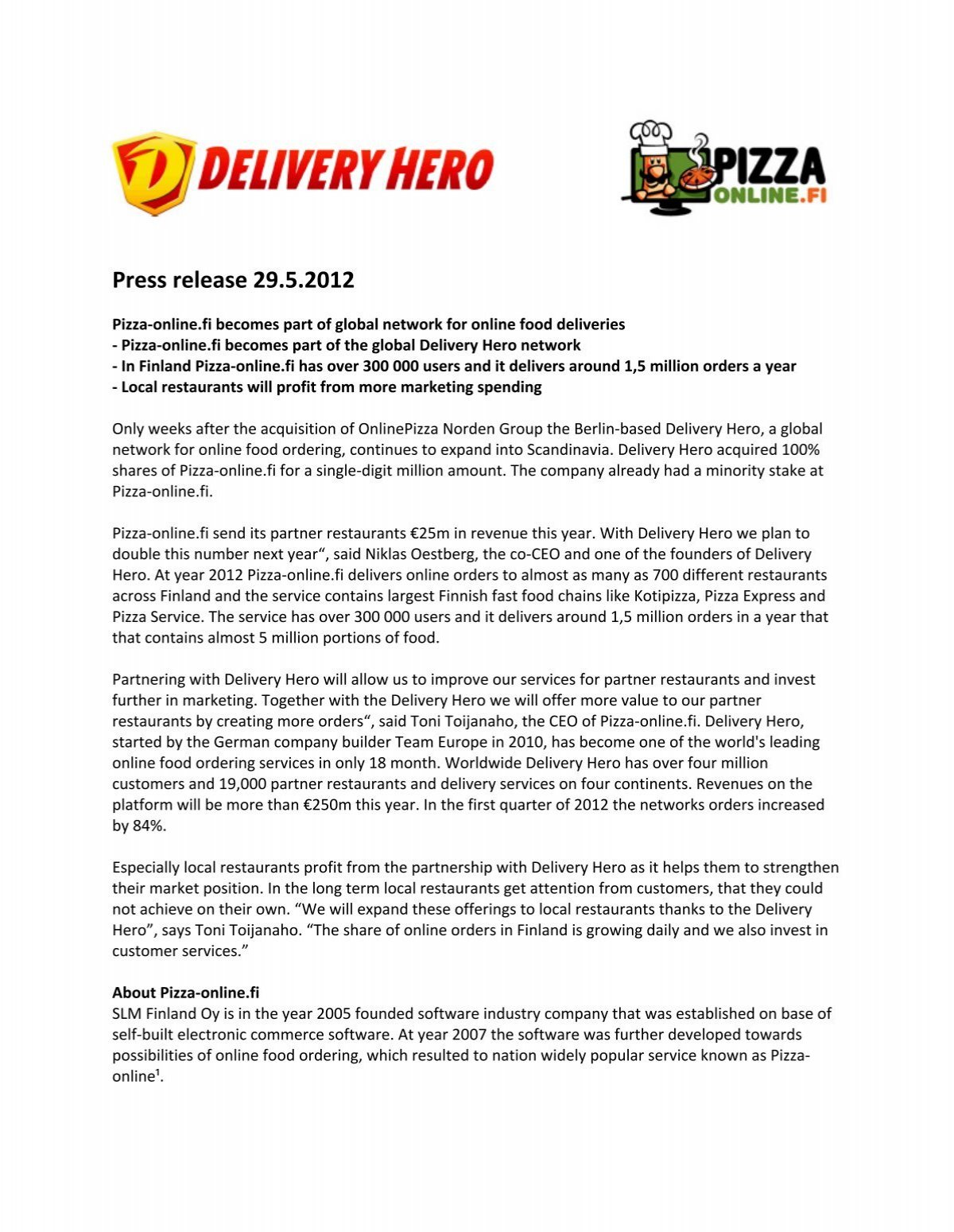 Press Release 29 5 2012 Pizza Online Fi
