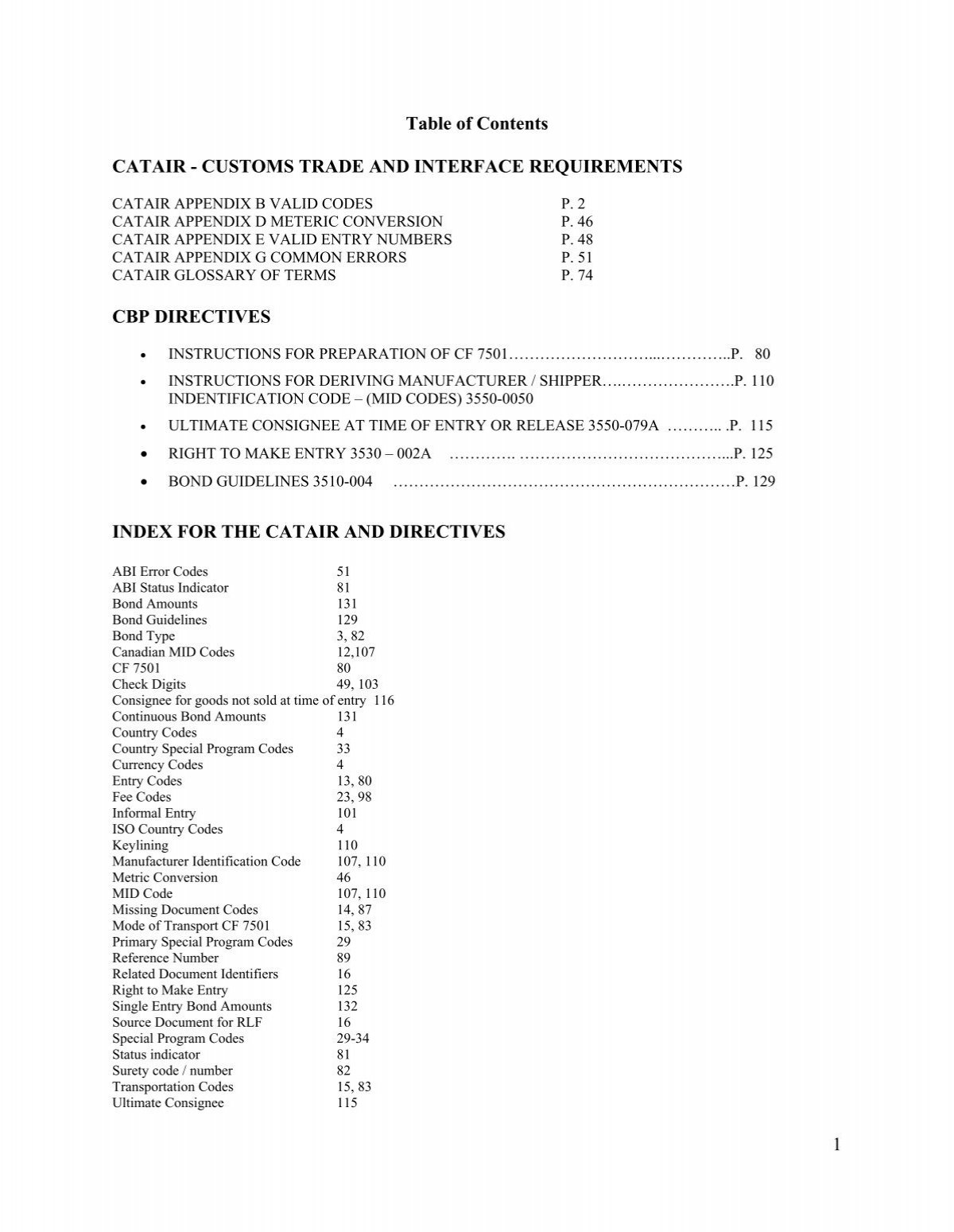 1 Table of Contents CATAIR - CUSTOMS TRADE AND INTERFACE