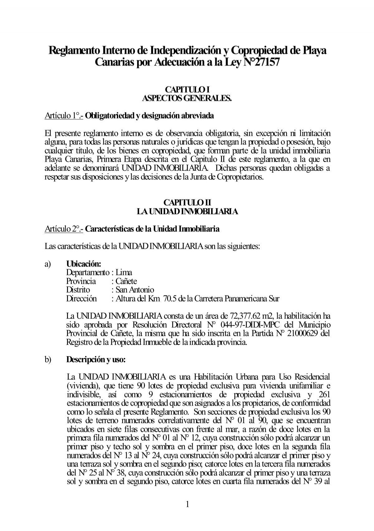 Reglamento Interno de Independización y Copropiedad de Playa ...