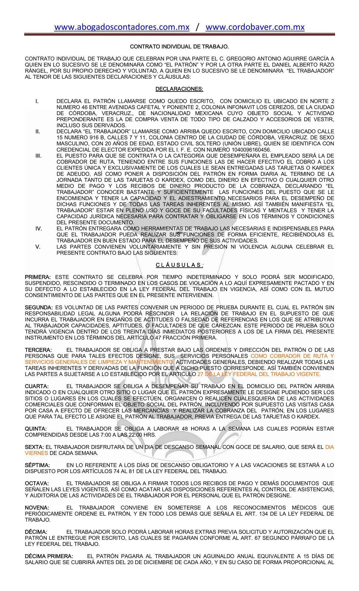 Contrato Individual de Trabajo Cobrador - abogadoscontadores ...