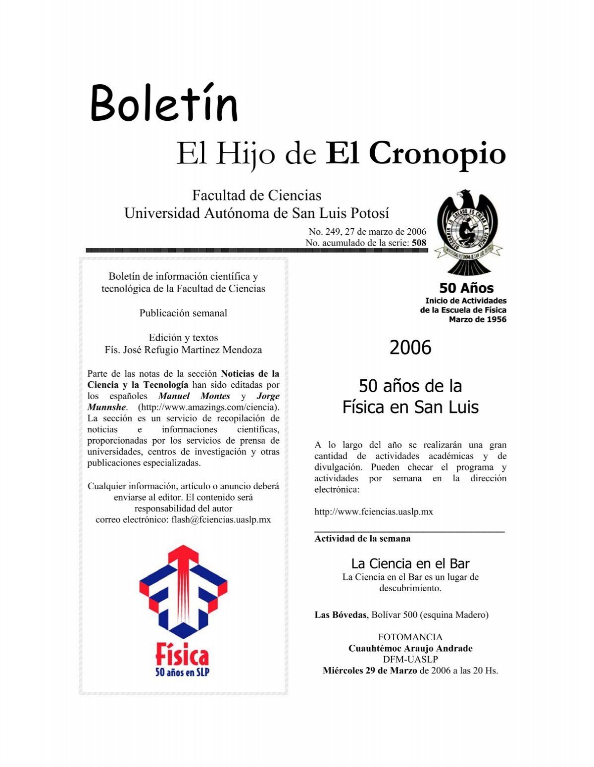 Boletín el hijo del Cronopio 2006, Numero - Facultad de Ciencias