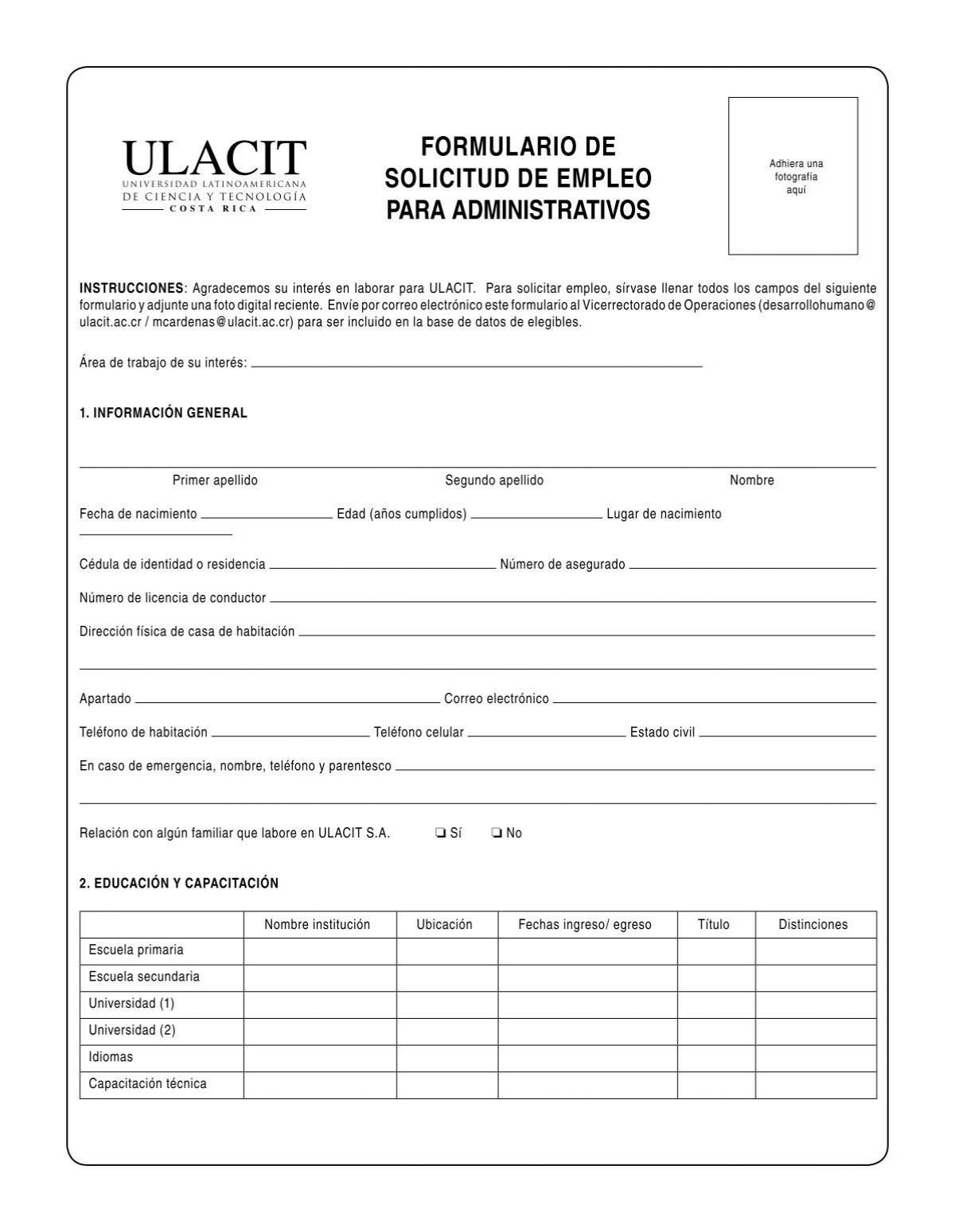Formulario de solicitud de empleo pdf