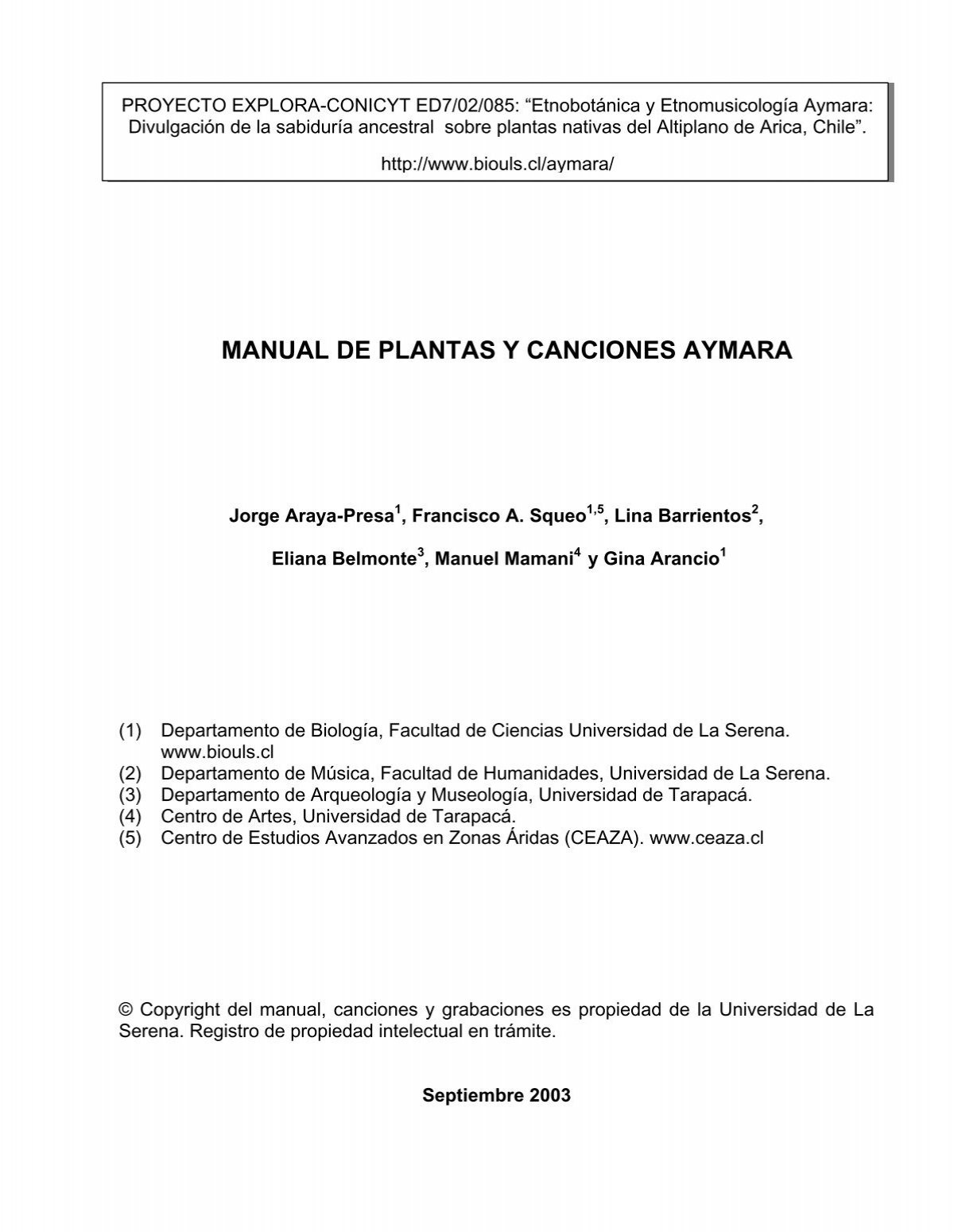 Manual De Plantas Y Canciones Aymara Departamento