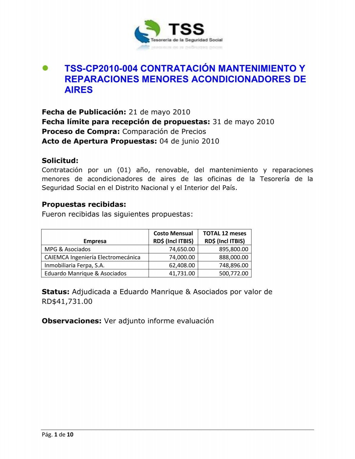 CP2010-004 Mantenimiento acondicionadores de aire - TSS