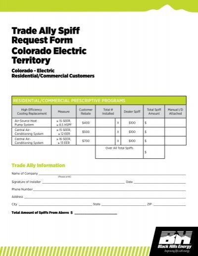 Trade Ally Spiff Request Form Colorado Electric Black Hills Energy