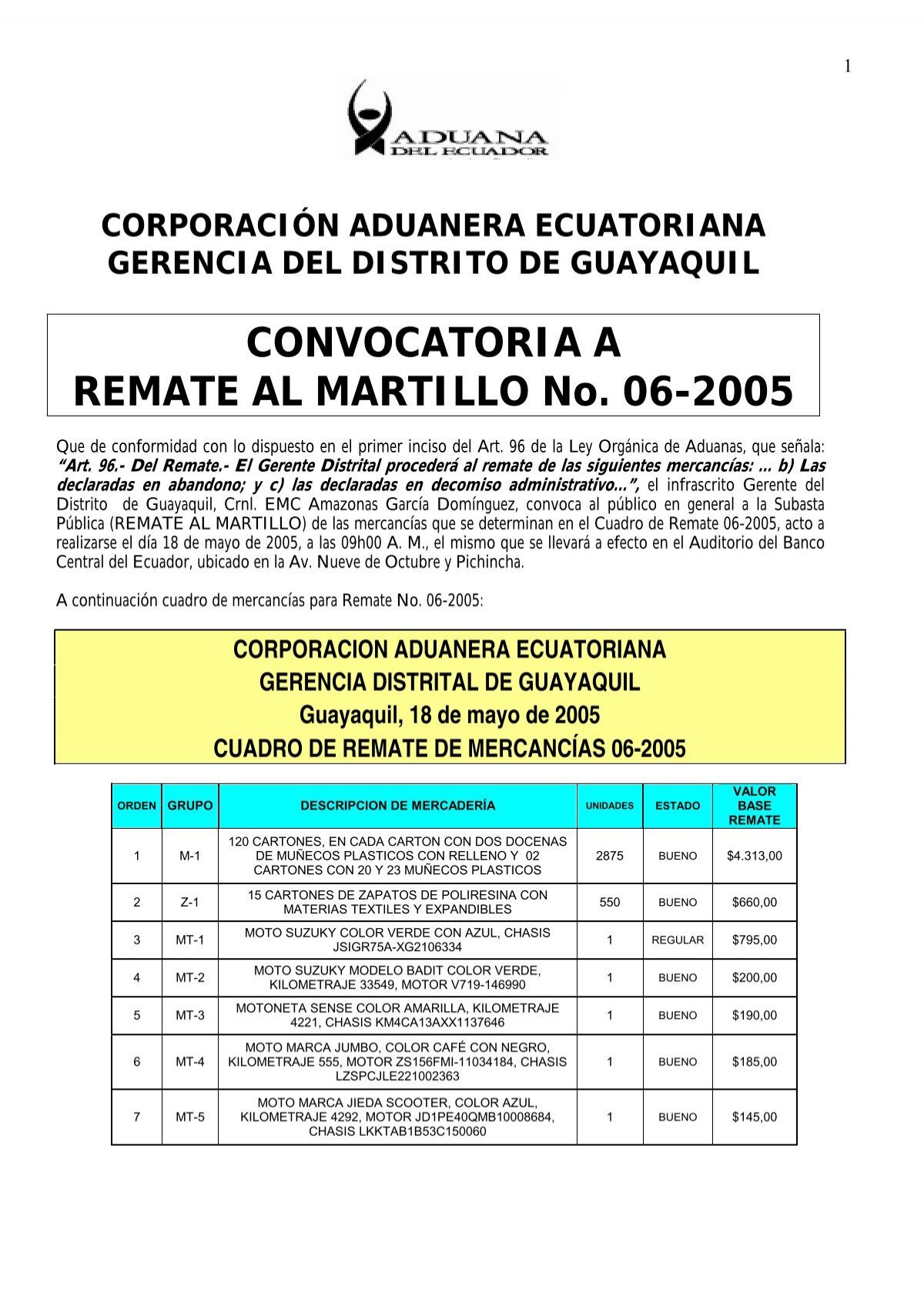 A REMATE MARTILLO No. 06-2005