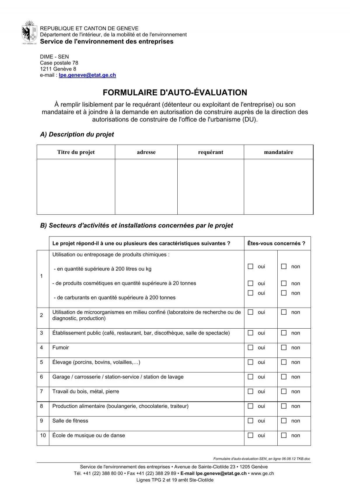 Formulaire d'auto-évaluation - Etat de Genève