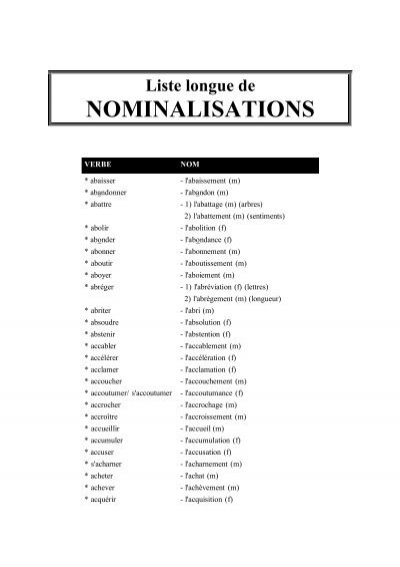 Liste Des Nominalisations De Verbes Liste Longue Doc