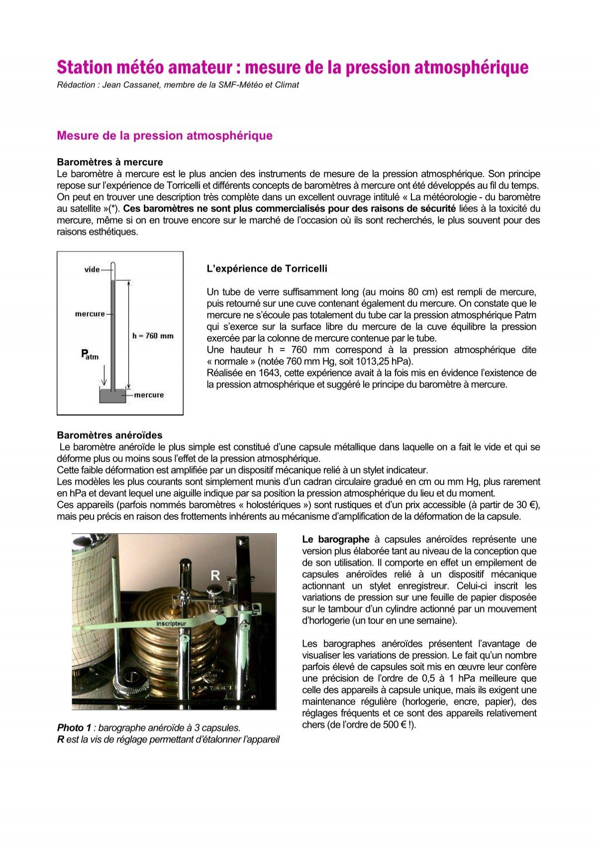 Mesure Pression Atmosphérique - Instruments Météos