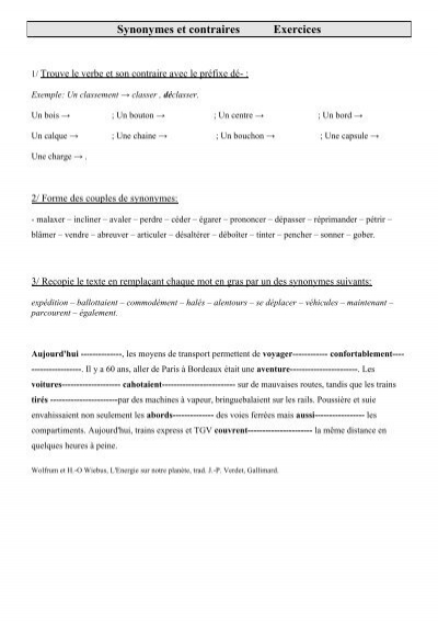 Exercices de vocabulaire cm2- cycle 3 Synonymes ... - Pass ...